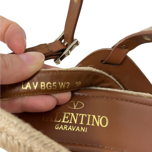 Valentino Rockstud Espadrille Heel Ankle-Strap Sandals Size 38 EU Brown Leather - Picture 5 of 7